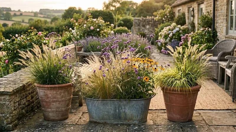 Three large terracotta and zinc planters on a UK terrace in late summer with a sophisticated mix of grasses Verbena