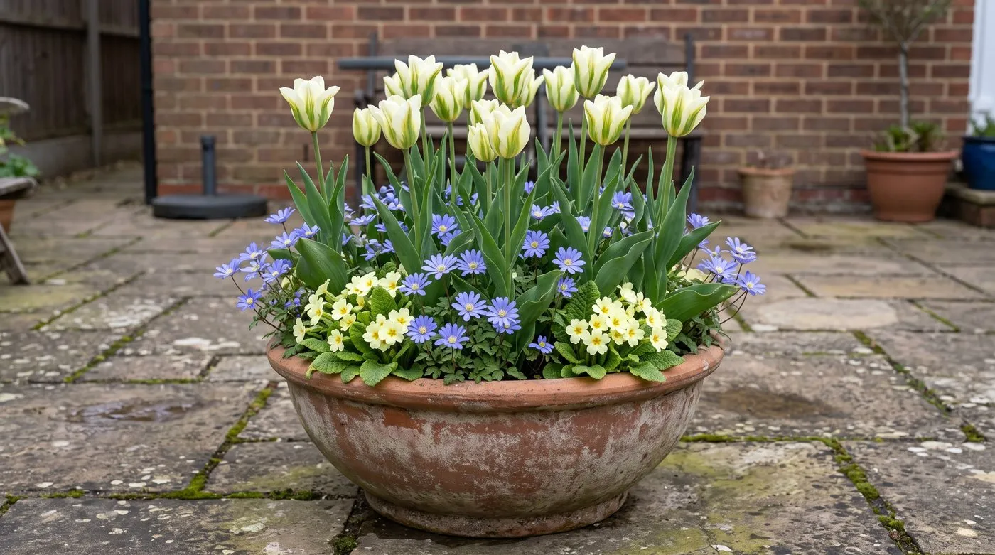 Terracotta pot of white and green Spring Green tulips over blue Anemone blanda and pale yellow primroses on a patio