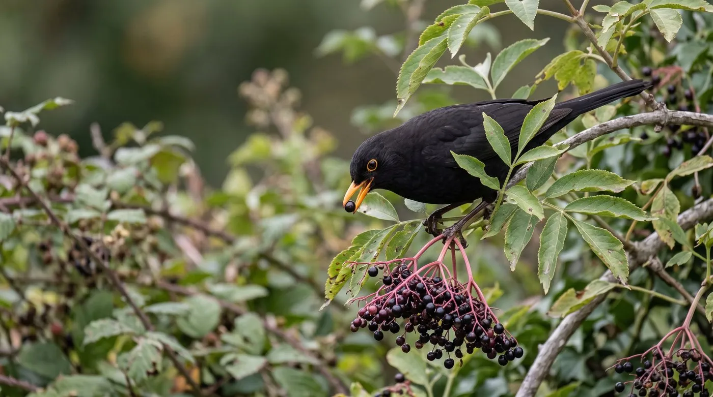 Blackbird eating ripe purple-black elderberries from a drooping cluster in a garden hedge