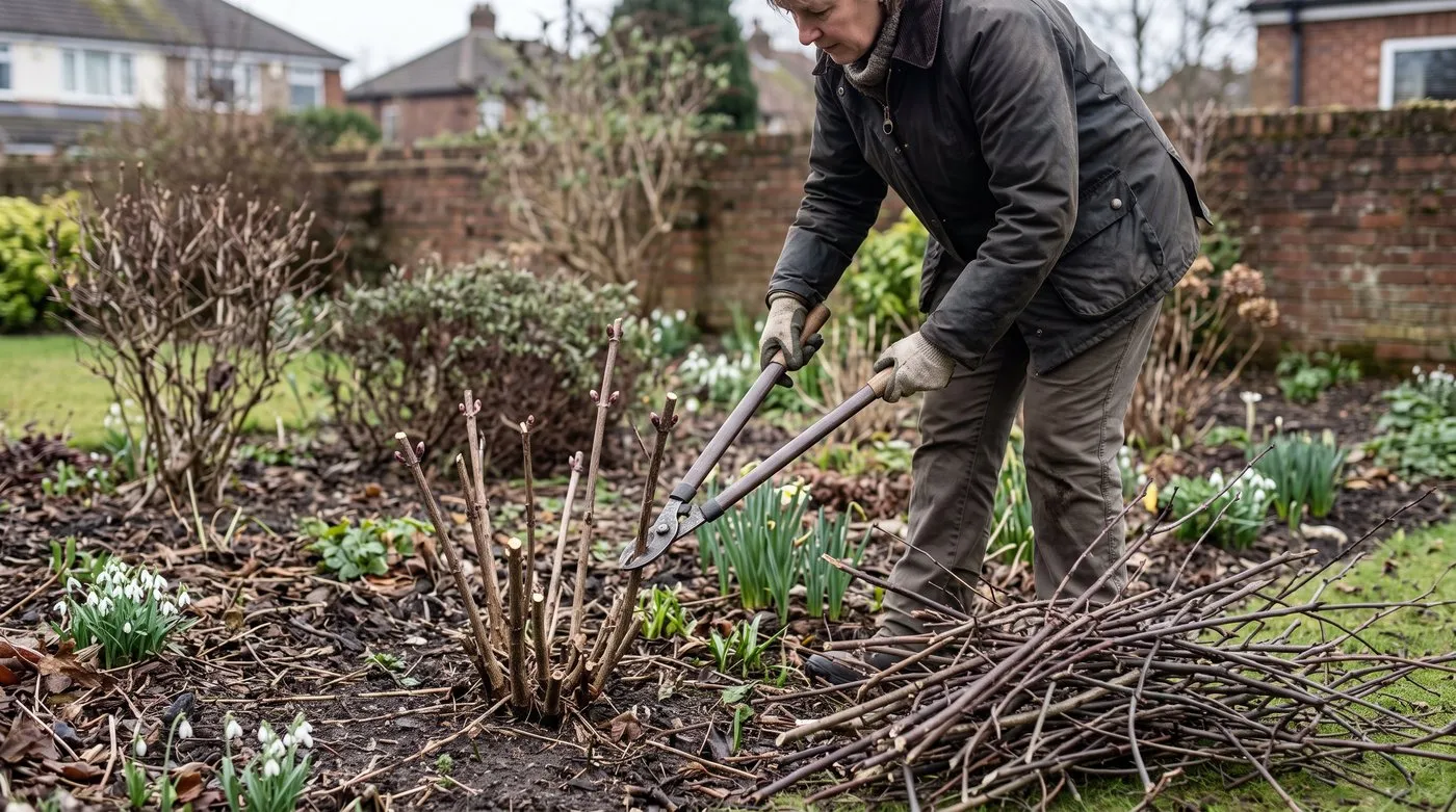 Gardener using loppers to cut an ornamental elder back to 30cm stumps in late winter