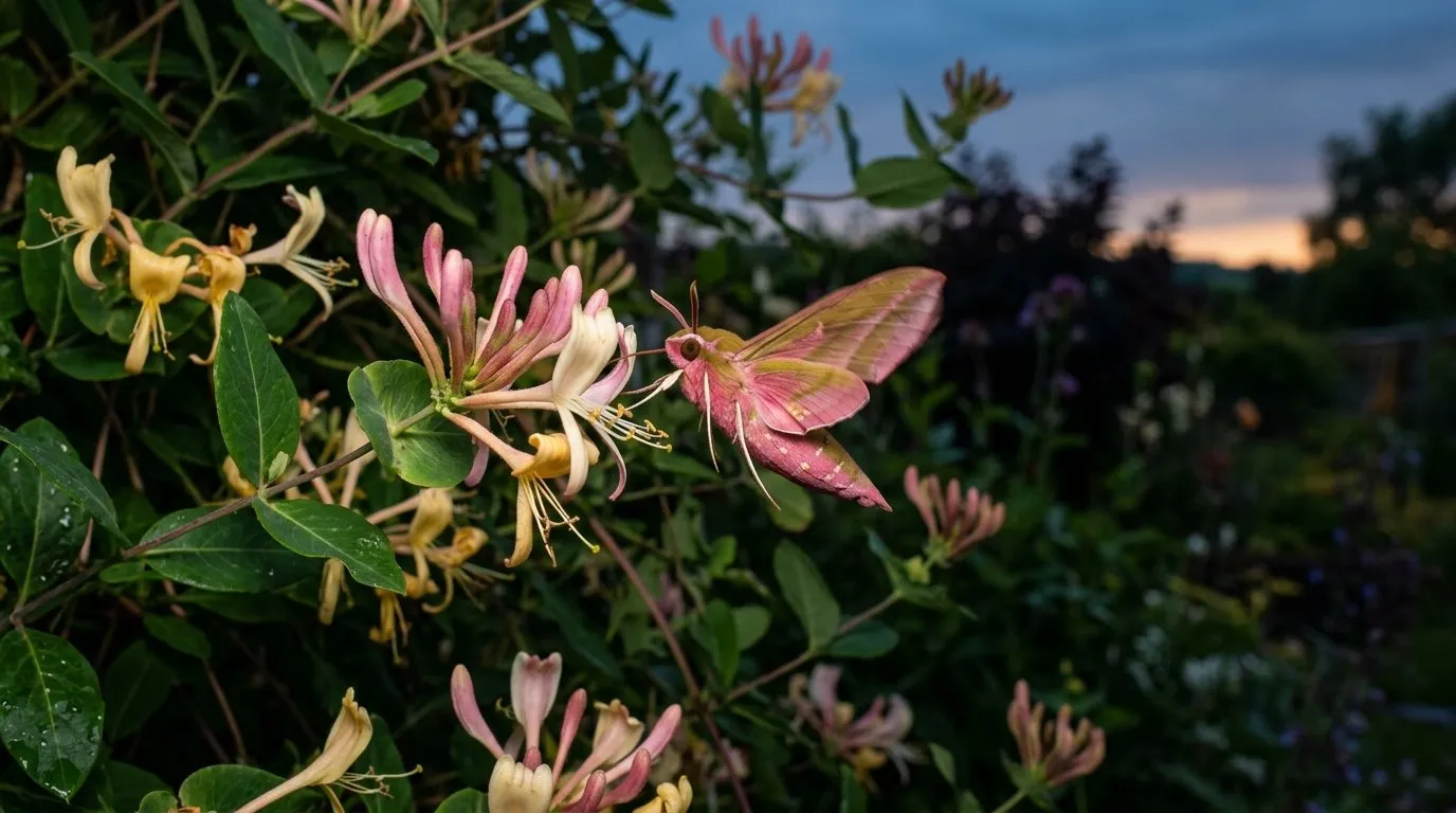 Pink and olive-green adult moth of the elephant hawk moth caterpillar on honeysuckle at dusk in a UK garden