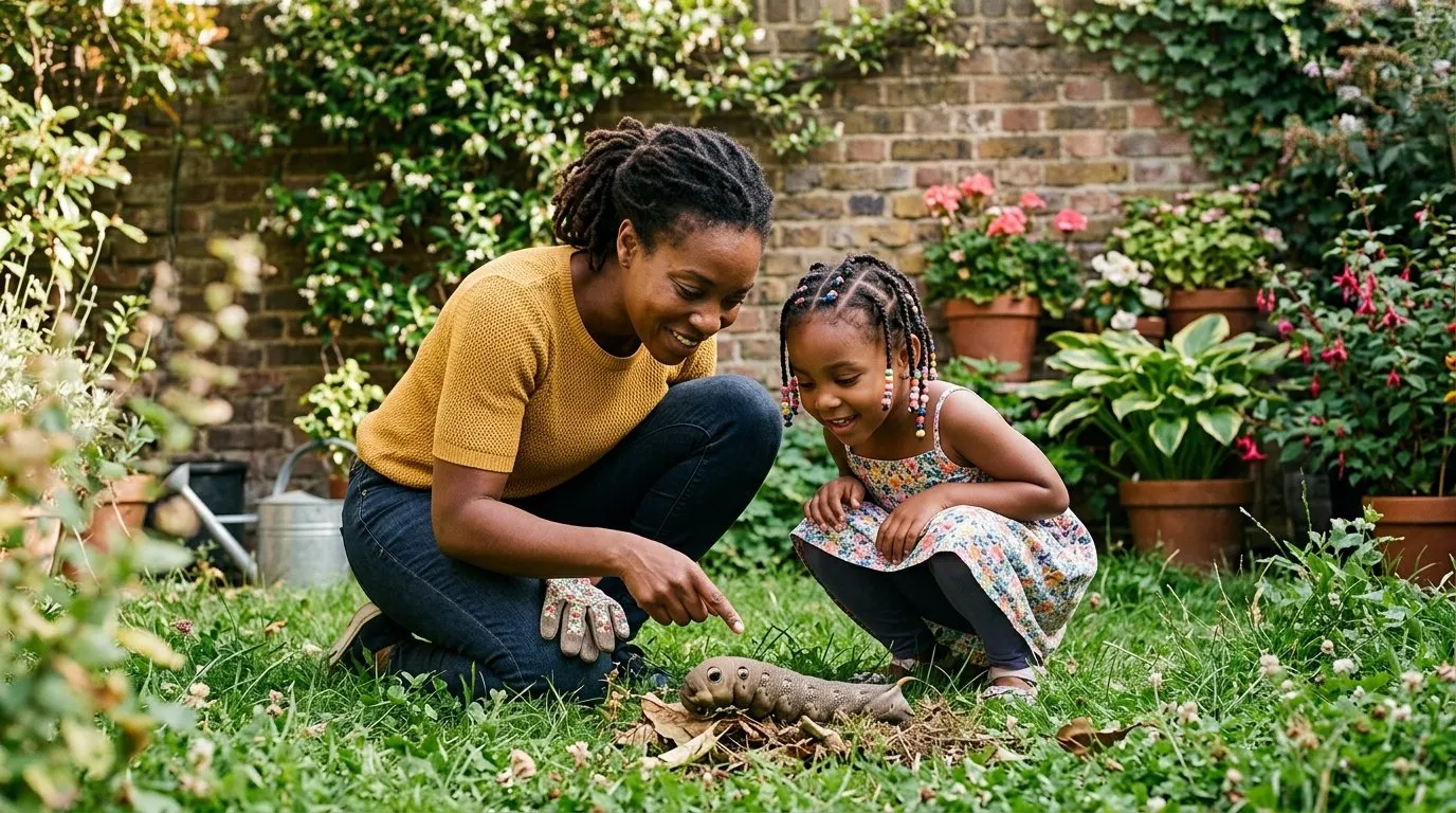Parent and child looking closely at an elephant hawk moth caterpillar in a city garden