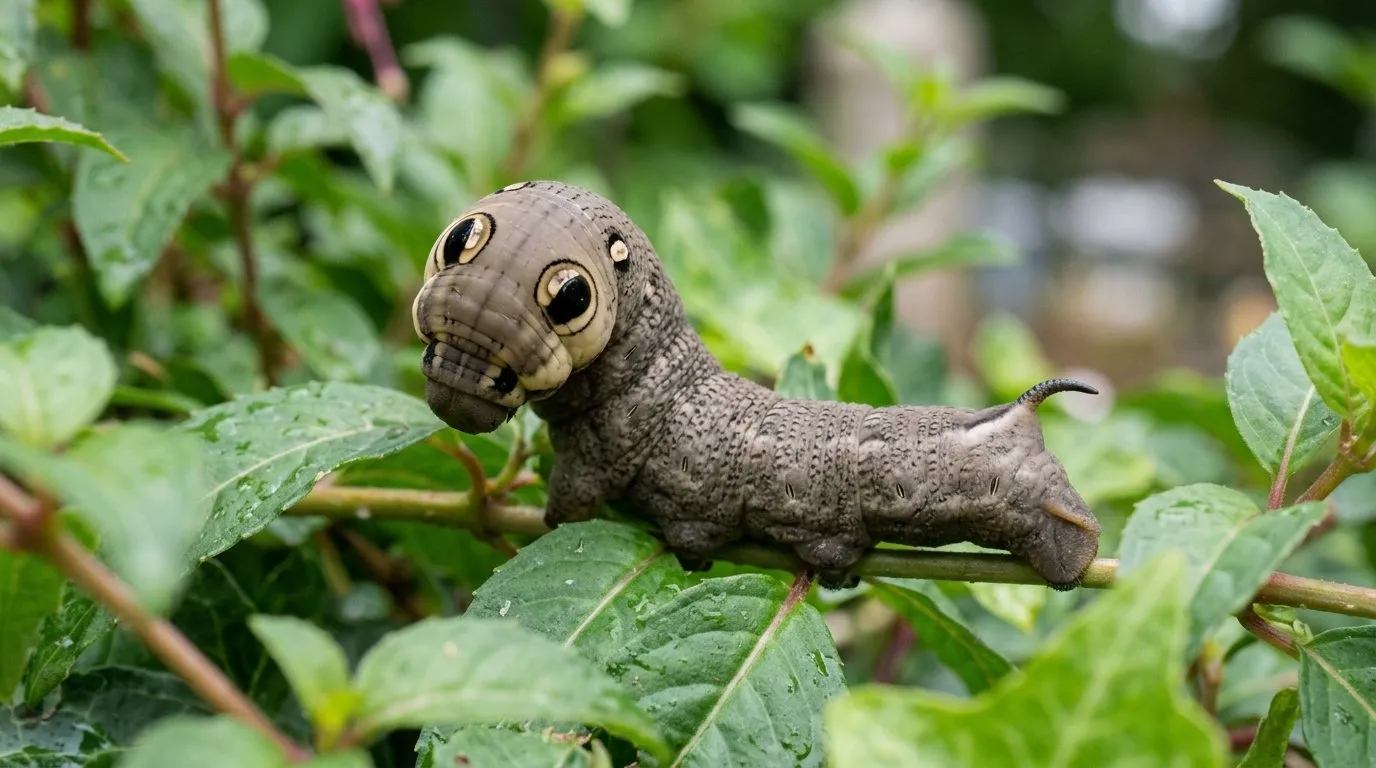 Close-up of an elephant hawk moth caterpillar in snake pose showing its four eye spots