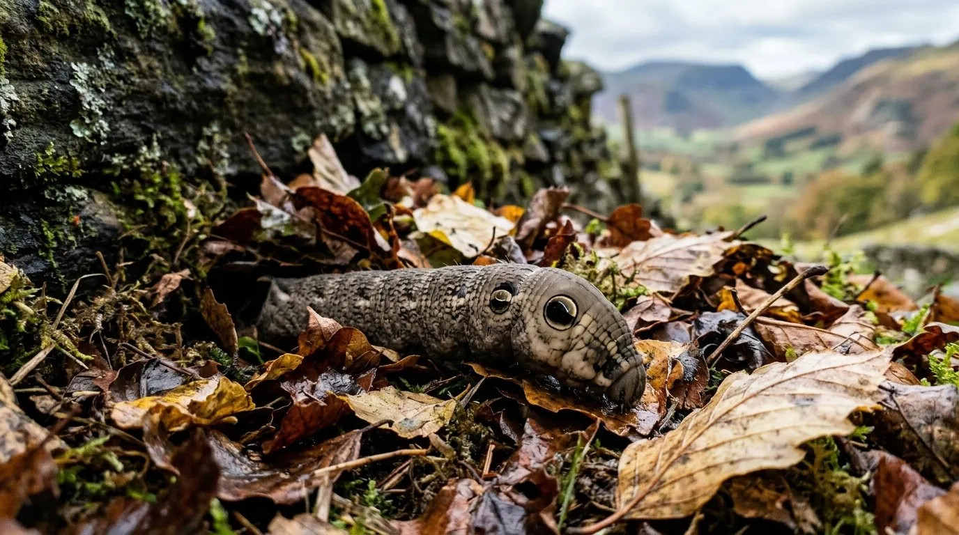 Elephant hawk moth caterpillar sheltering in leaf litter in a Lake District garden