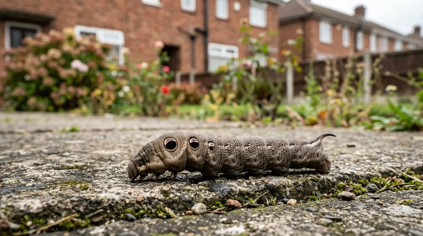 Elephant hawk moth caterpillar crossing a garden path in a UK council-estate garden