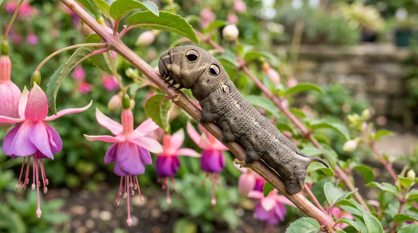 Large grey-brown elephant hawk moth caterpillar with eye spots on a fuchsia stem in a UK garden
