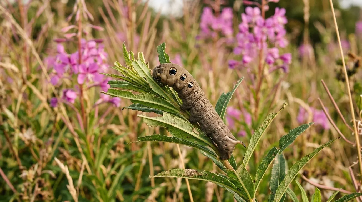 Elephant hawk moth caterpillar feeding on rosebay willowherb on UK waste ground