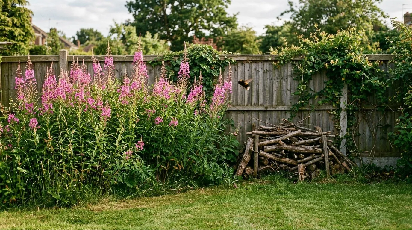 Rosebay willowherb patch grown for the elephant hawk moth caterpillar in a wildlife garden corner