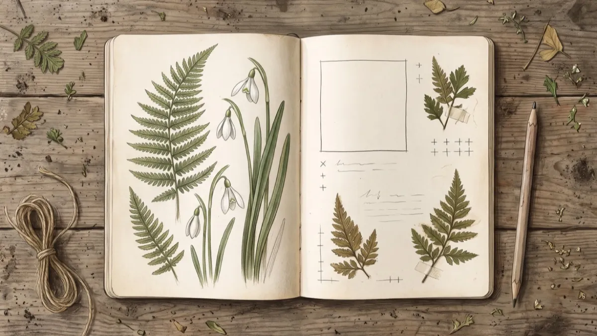 Overhead illustration of an open blank notebook beside a pencil, seed packets, pressed leaves, fern fronds and snowdrops