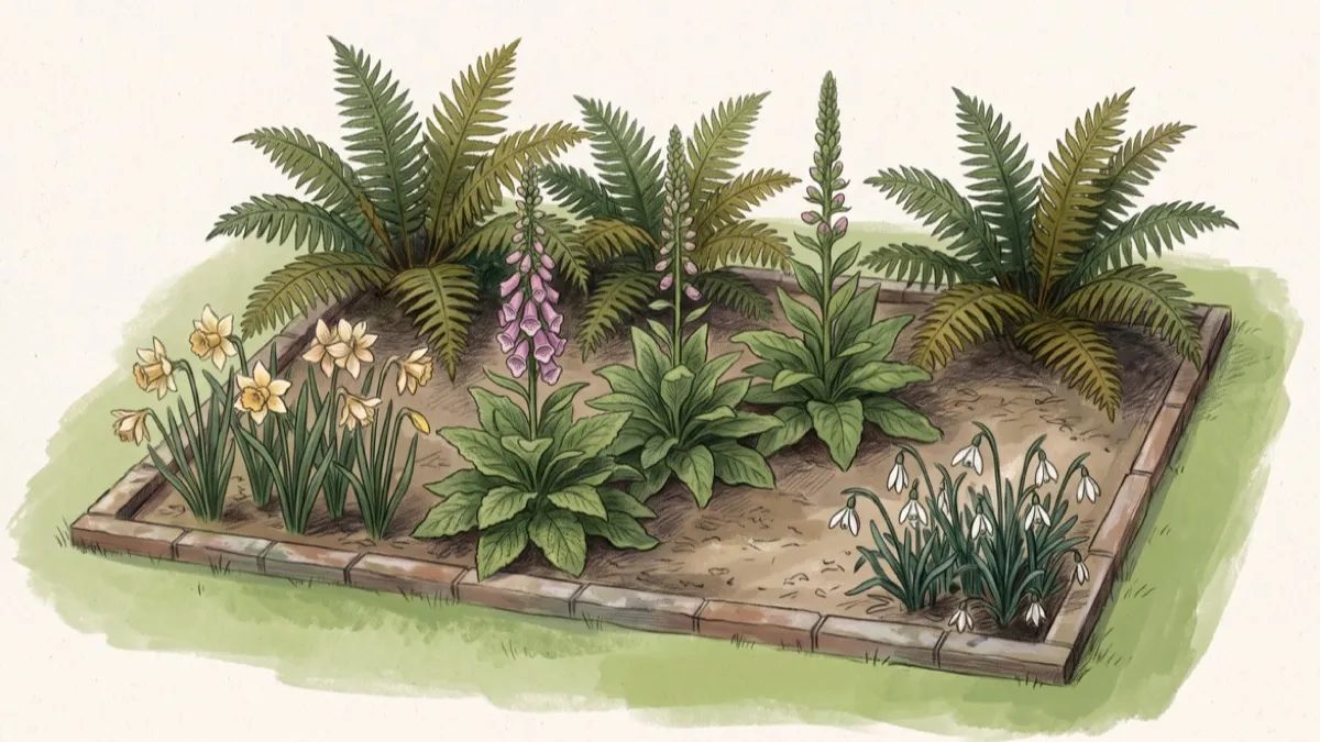 Watercolour-style small garden border with ferns, foxgloves, daffodils and snowdrops beside a curving path