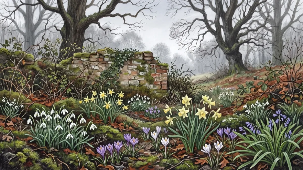 Editorial illustration of bulbs and ferns in a garden border, not a depiction of Warley Place