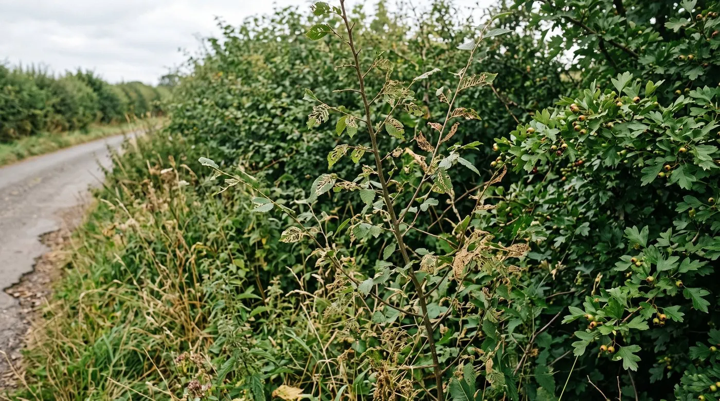 Young elm in a hedge with many leaves eaten into zigzag trails and some stripped to the veins