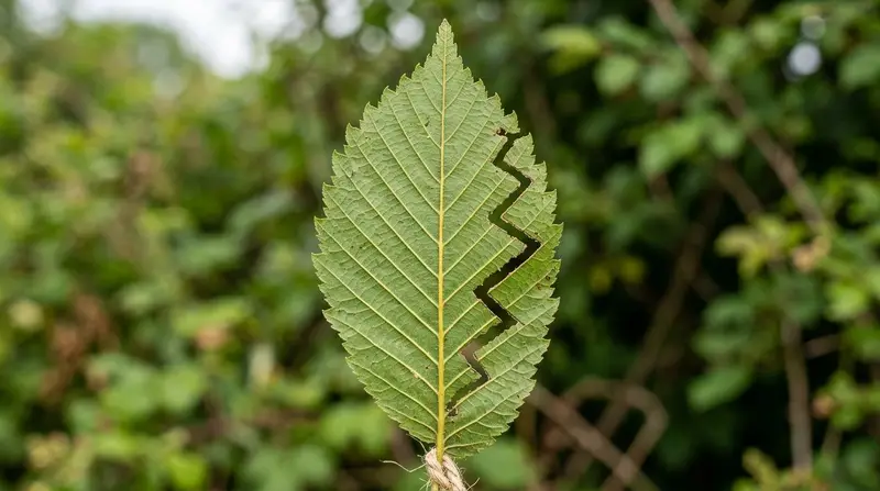 A diagnostic close-up of a UK elm leaf showing the distinctive zigzag feeding trail eaten by elm zigzag sawfly larvae from