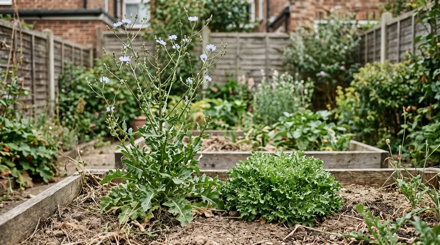 Bolted endive with a tall stem and pale blue flowers beside a leafy frisée rosette that hasn't bolted