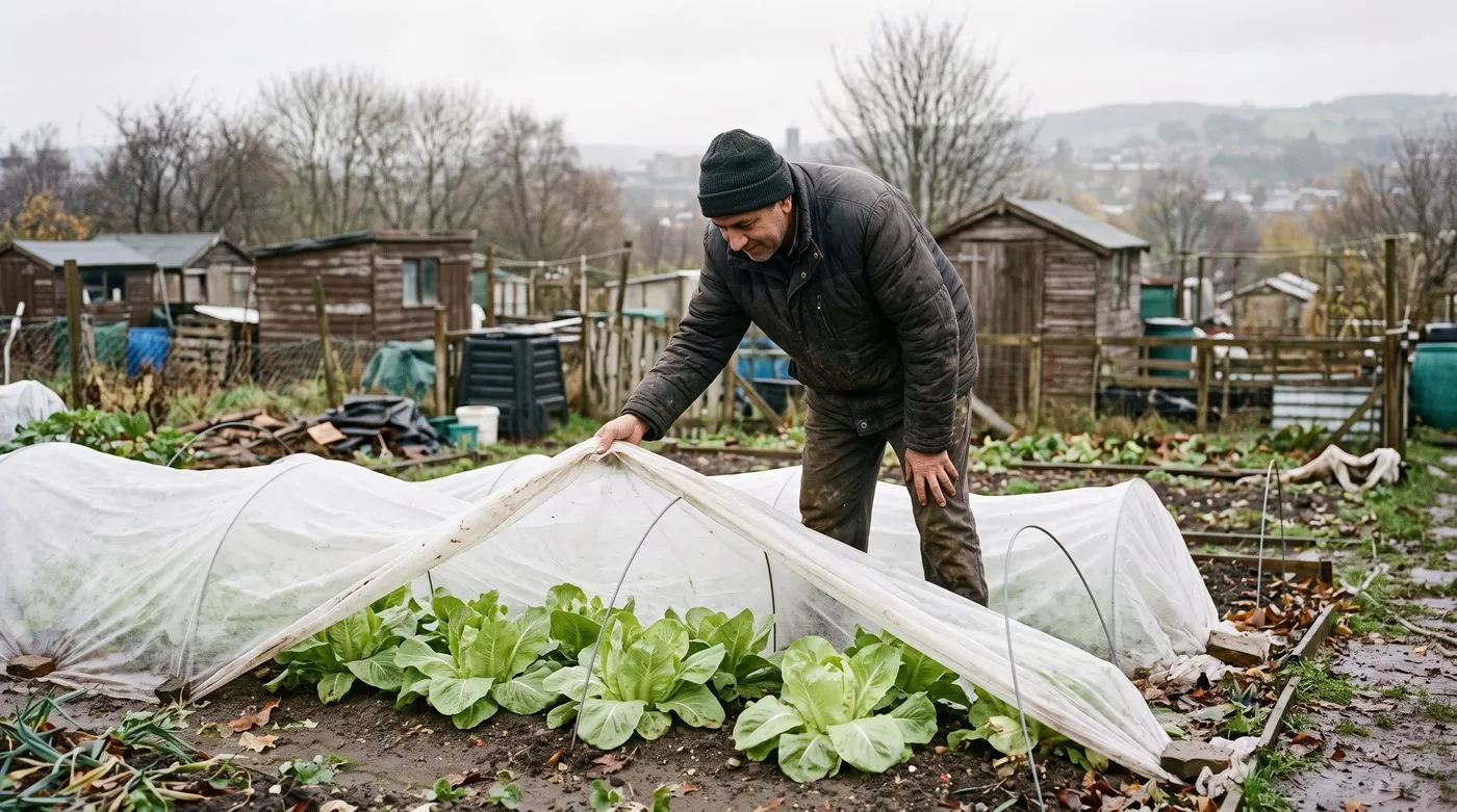 Allotment gardener lifting fleece to check a row of broad-leaved escarole endive in November
