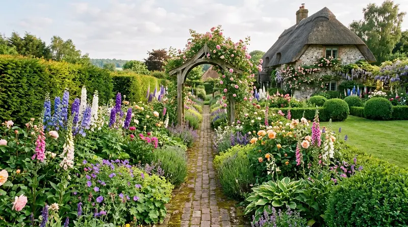 A classic English country garden with deep herbaceous borders, roses on an arch and informal brick paths