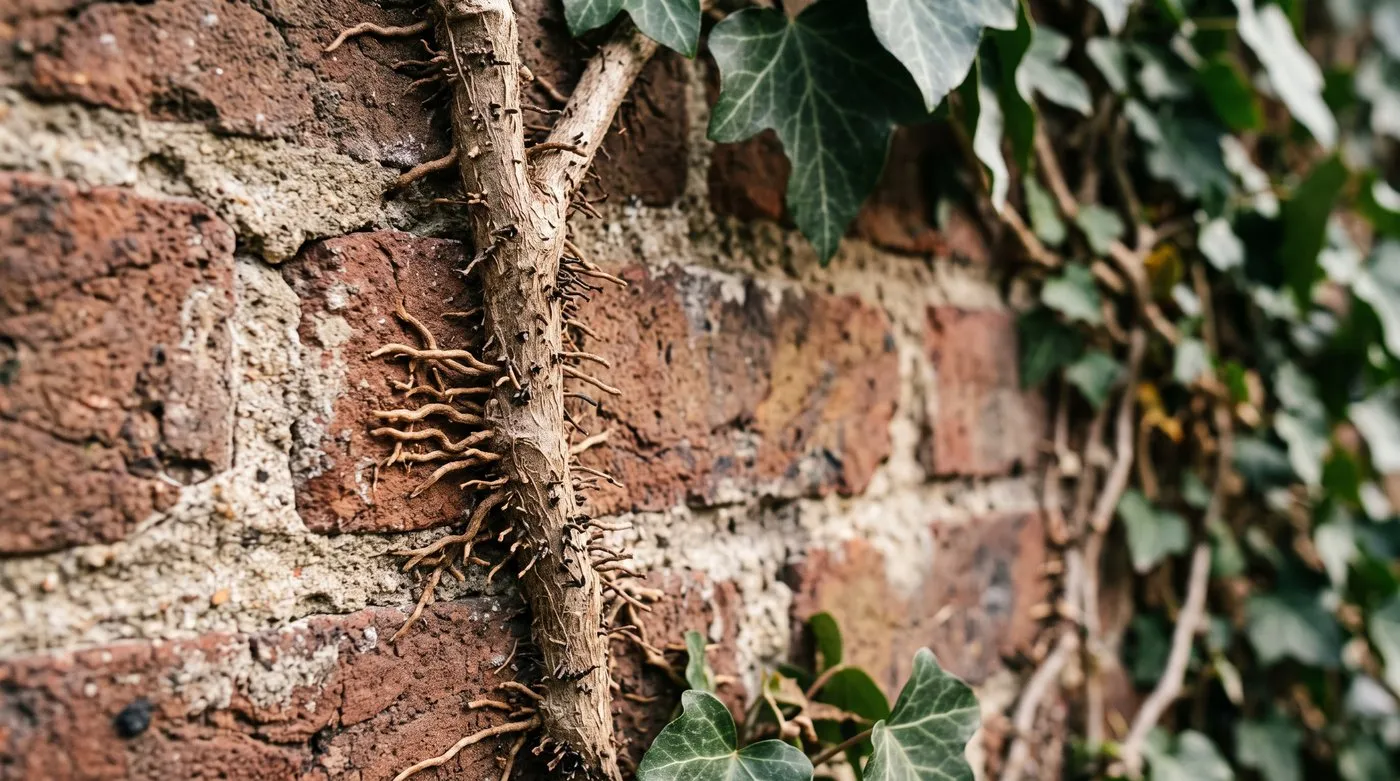 Close-up of English ivy aerial rootlets gripping an old London townhouse brick wall showing surface clinging