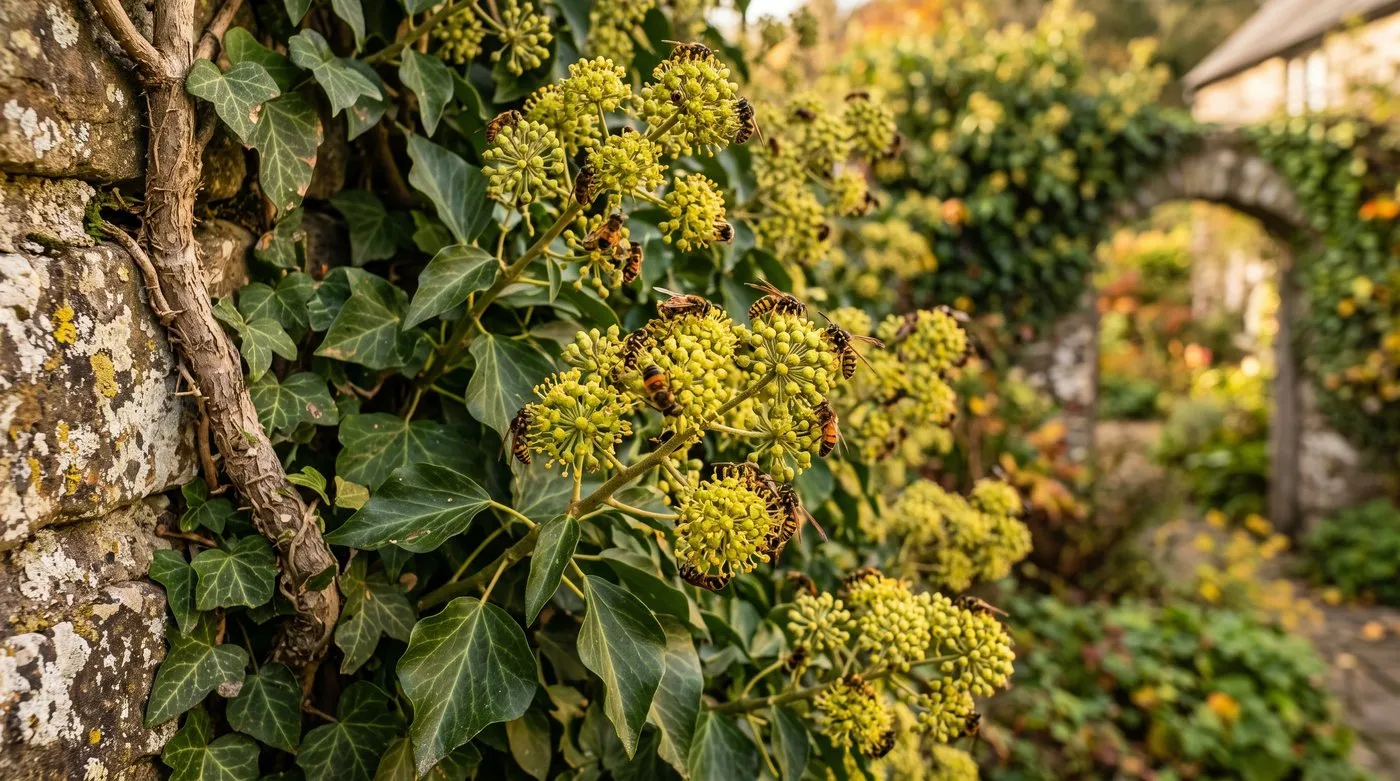 Mature English ivy flowerheads covered in wasps and hoverflies in autumn sunlight in a Welsh garden