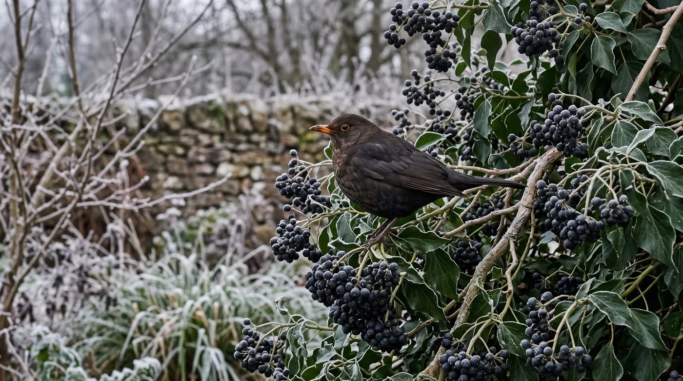 Blackbird feeding on ripe black English ivy berries in a frosty Scottish garden in winter