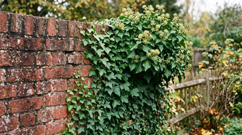 English ivy Hedera helix climbing an old brick wall with both juvenile leaves and mature flowering growth in a UK garden
