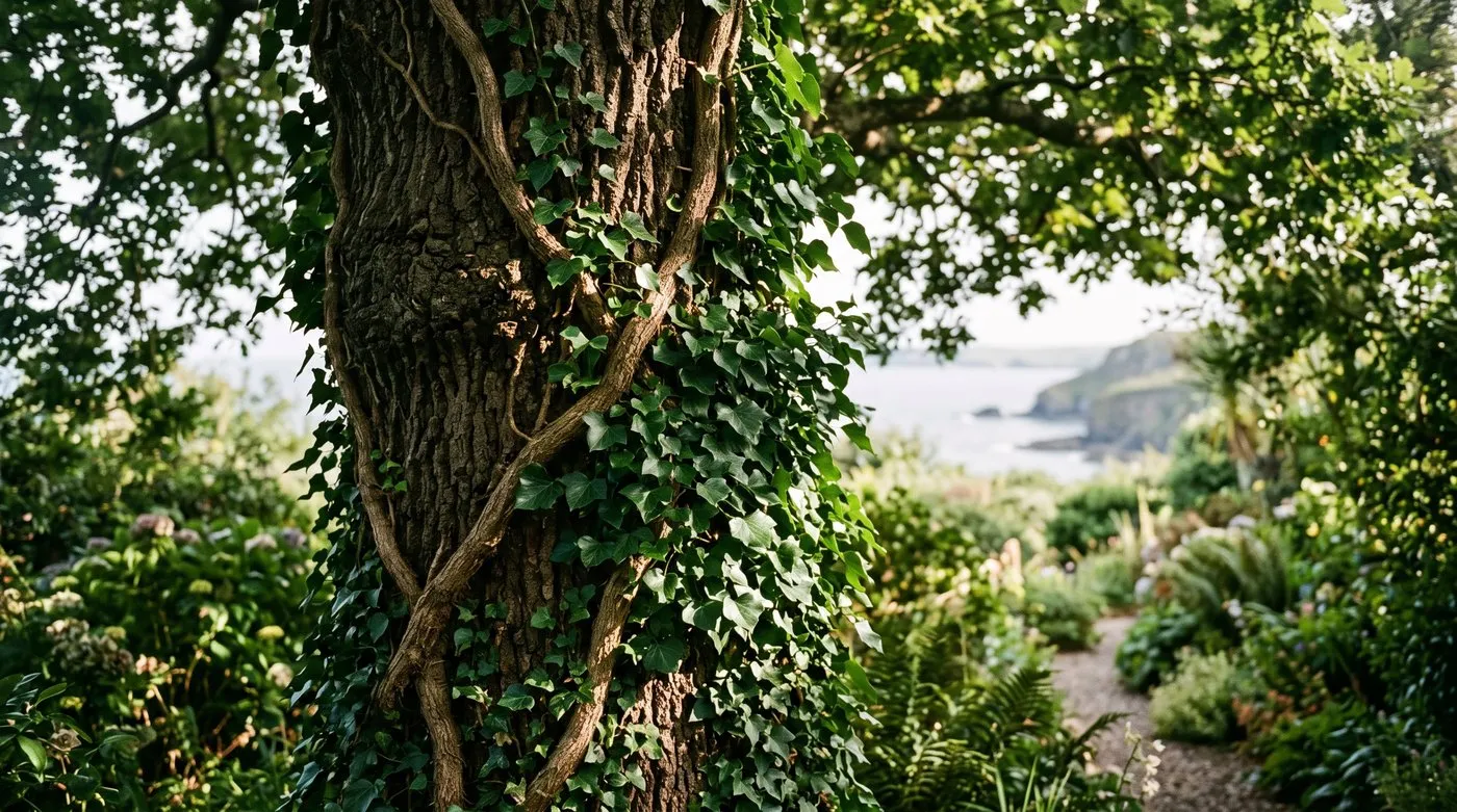 English ivy climbing the trunk of a mature oak tree in a seaside UK garden with dappled canopy light