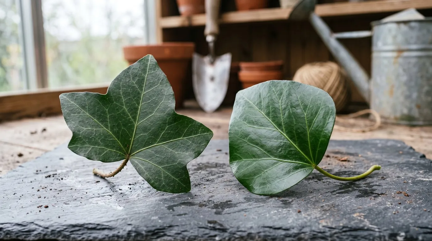 Diagnostic comparison of juvenile lobed English ivy leaves beside plain unlobed mature flowering ivy leaves