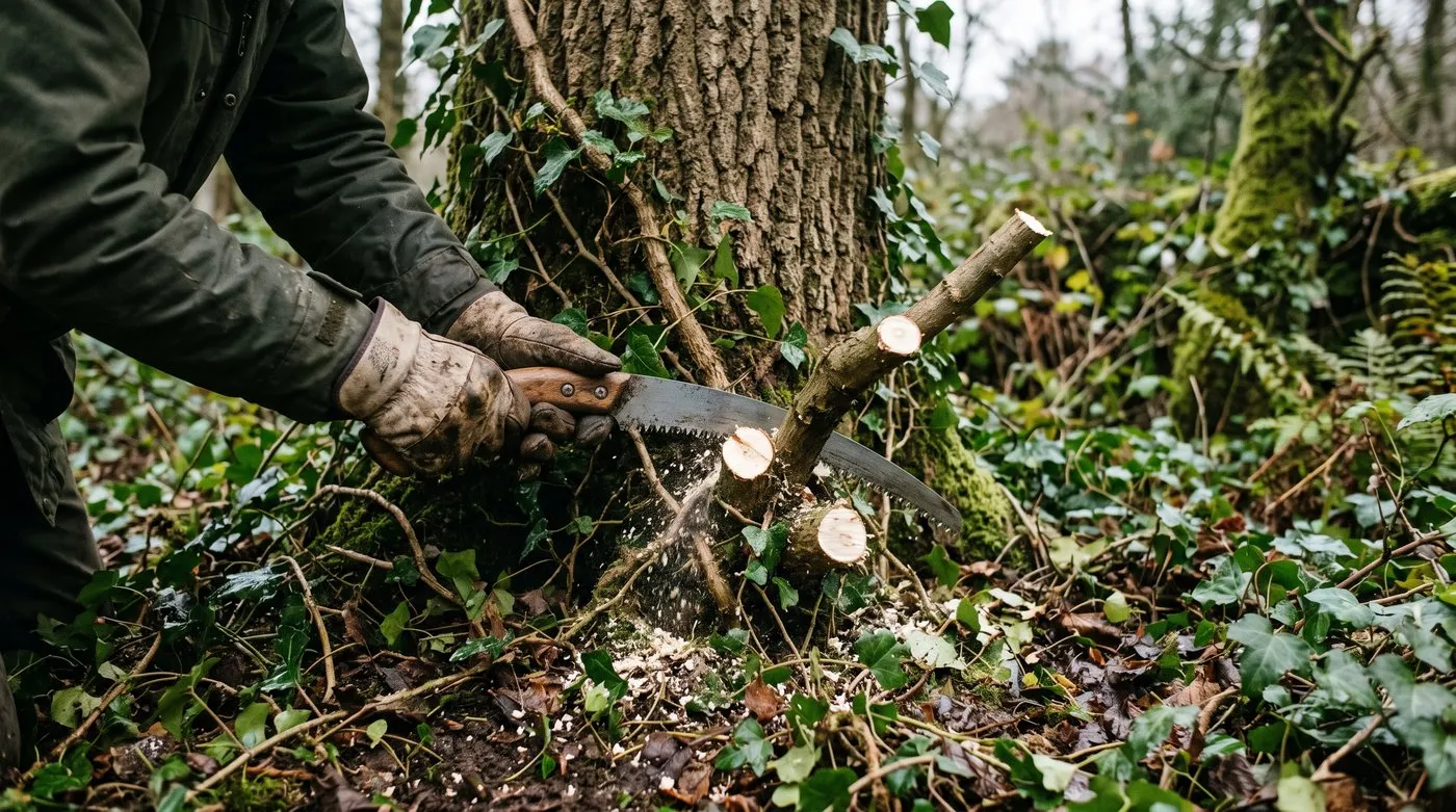 Technical shot of a pruning saw severing thick English ivy stems at the base of a tree trunk in a Lake District garden