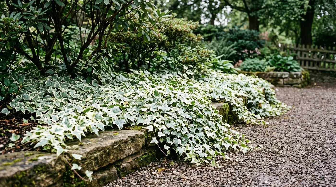 Variegated Glacier English ivy used as ground cover under shrubs in a shaded Scottish town garden