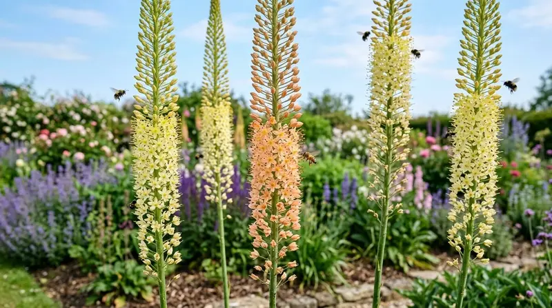 Tall pale yellow and peach Eremurus foxtail lily spikes flowering in a sunny UK country border with bees