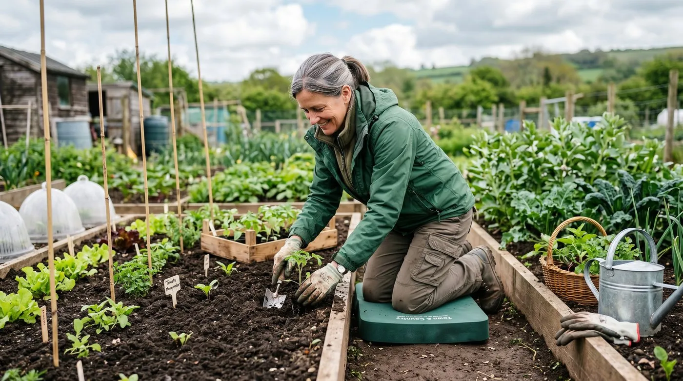 UK gardener kneeling on a foam garden kneeling pad while planting seedlings into a vegetable bed - back upright, weight on the pad