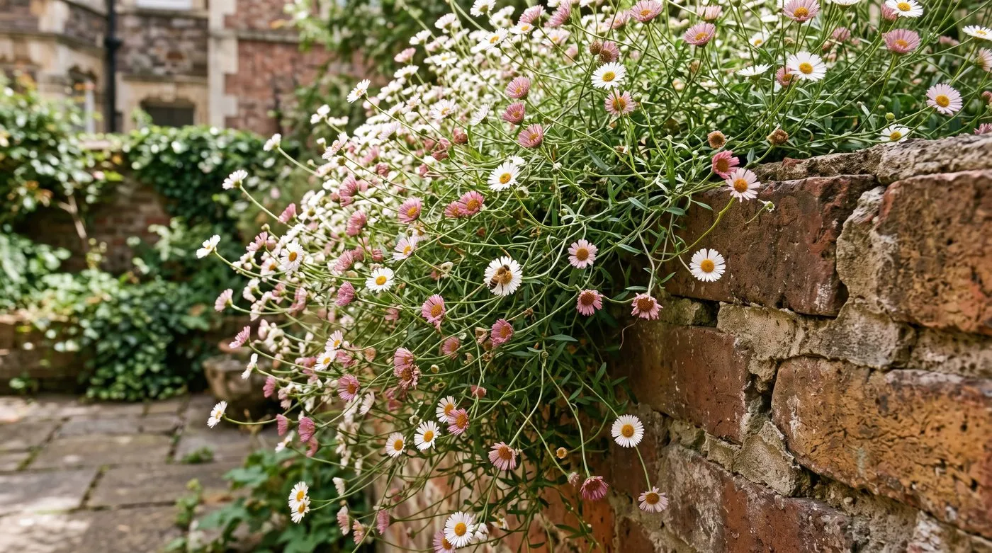 Tiny white and pink Mexican fleabane daisies on wiry stems growing from a brick wall