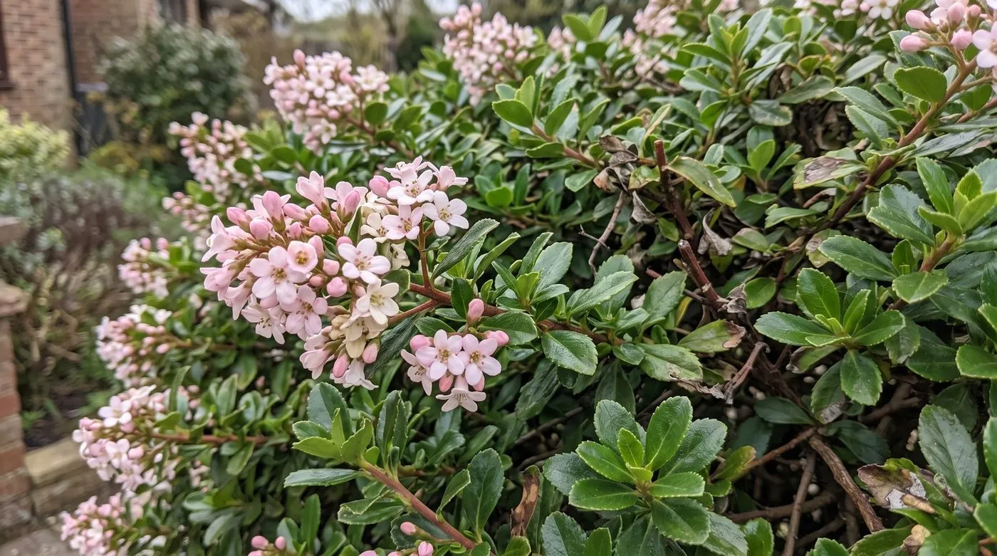 Escallonia Apple Blossom with pink and white flowers in a sheltered UK garden border