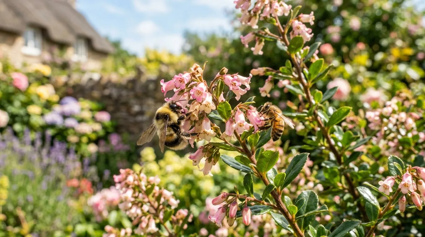 Bumblebees and honeybees feeding on pink escallonia Apple Blossom flowers in a UK coastal garden in July