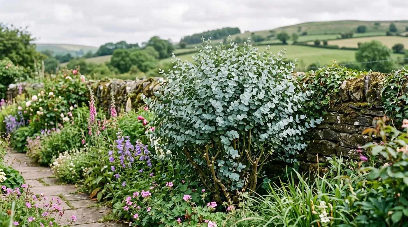 Multi-stem coppiced eucalyptus regrowth with silver-blue juvenile foliage in a Welsh cottage garden after a spring cut