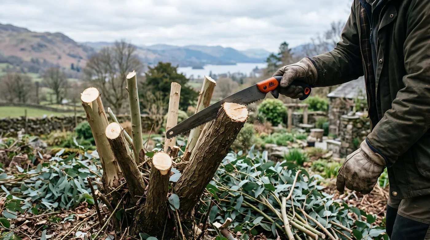 Gloved hands using a pruning saw to coppice a multi-stem eucalyptus to a low framework in early spring in a Lake District garden