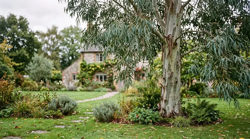 Silver-blue eucalyptus foliage and pale peeling bark against an overcast sky in a UK garden
