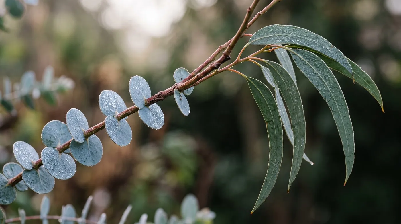 Close-up showing round blue-grey juvenile eucalyptus discs beside long sickle-shaped adult leaves on the same shrub