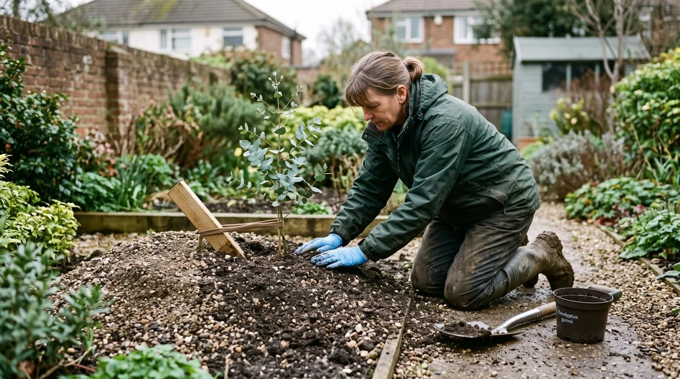 Gardener planting a small pot-grown eucalyptus on a raised grit mound in a suburban UK back garden with a low short stake