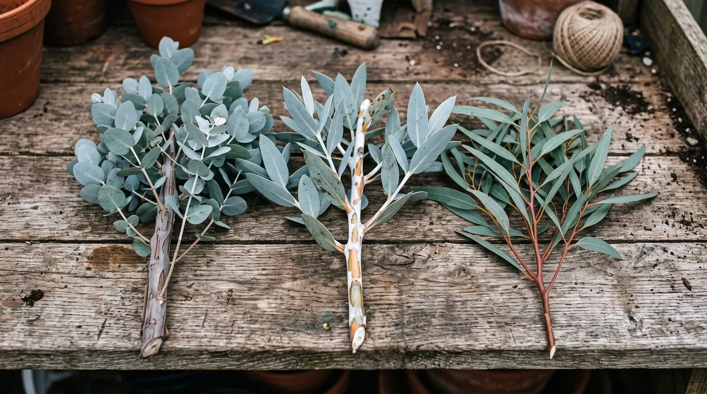 Comparison of hardy eucalyptus foliage and bark from cider gum, snow gum and mountain gum laid side by side on a garden bench