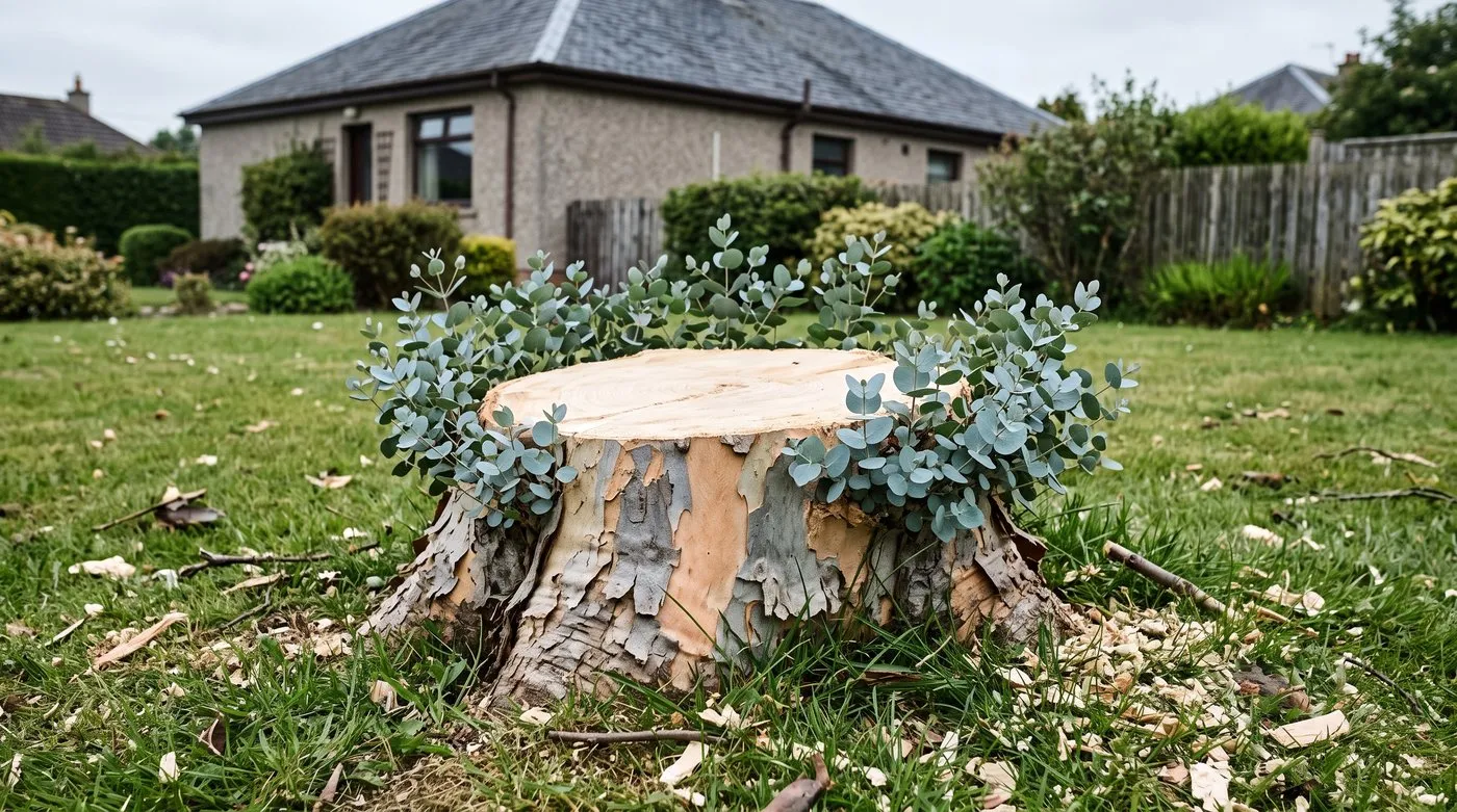 Felled eucalyptus stump sending up new shoots with round blue-grey leaves in a lawn