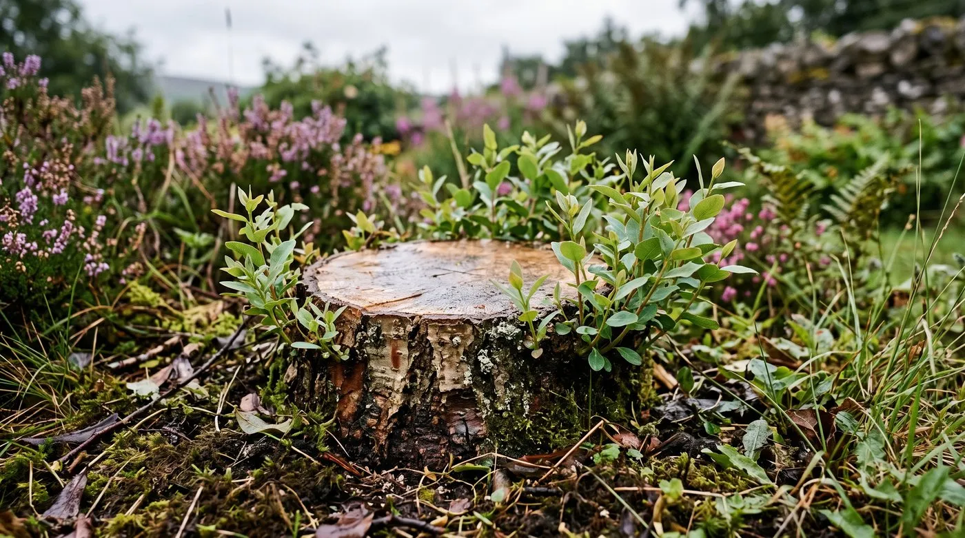 A freshly cut eucalyptus stump in a Scottish garden throwing a ring of new green shoots from the cut edge and bark