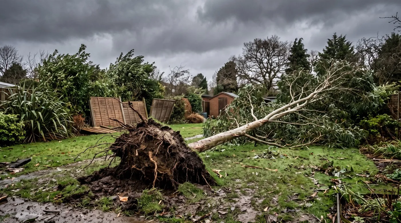 A tall cider gum blown over in a garden after a winter gale showing the shallow disc of roots lifted from wet clay soil