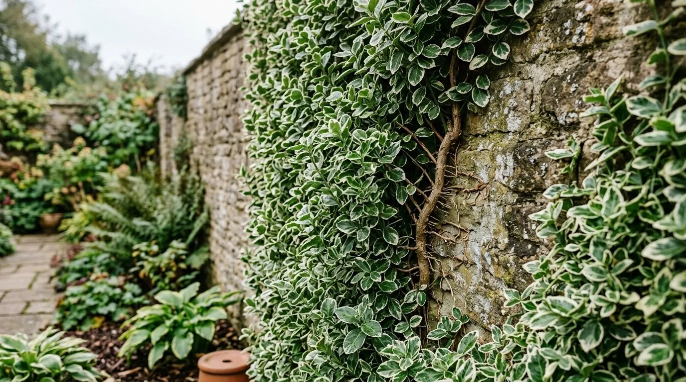 Euonymus fortunei climbing up a UK north-facing stone wall with aerial roots acting as evergreen wall cladding