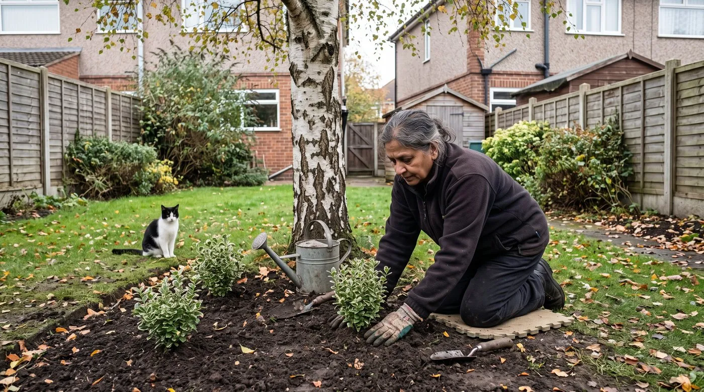Gardener firming soil around a young cream-edged euonymus planted as ground cover under a tree