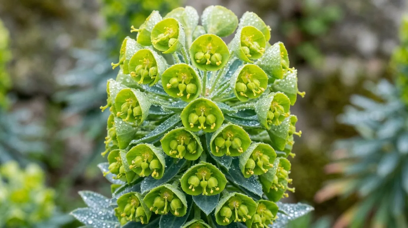 Close-up of acid-green euphorbia characias flower heads in bright natural light in a Scottish walled garden