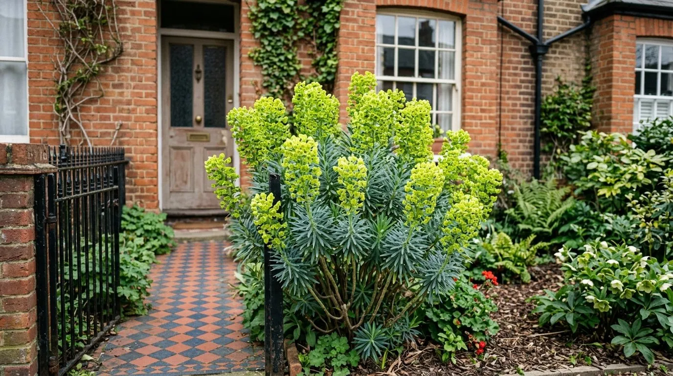 Euphorbia characias with tall blue-green stems and acid-green flower heads against a brick wall in a London front garden