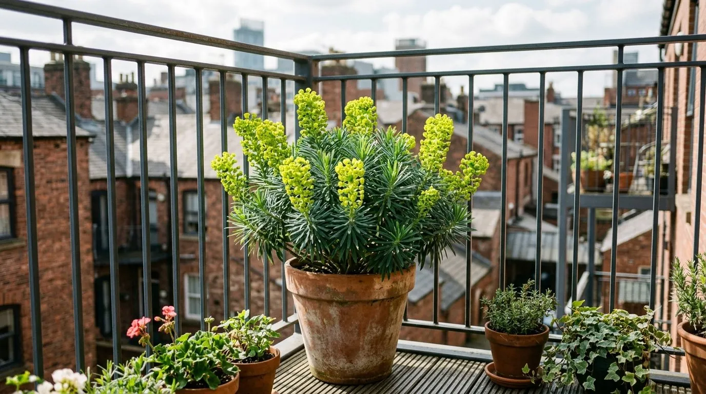 Young euphorbia characias growing in a large container on a city flat balcony in summer