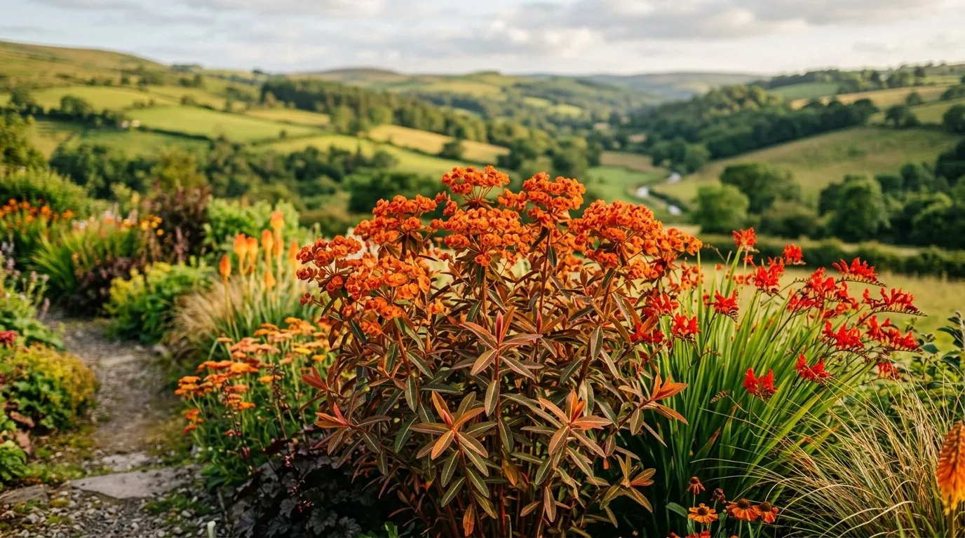 Euphorbia griffithii Fireglow with orange-red bracts in a hot border in a Welsh hillside garden