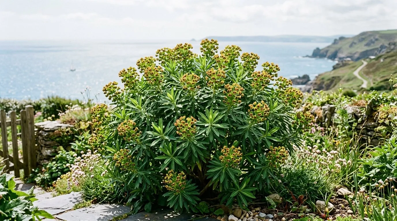 Euphorbia mellifera honey spurge evergreen shrub in a coastal seaside town gravel garden