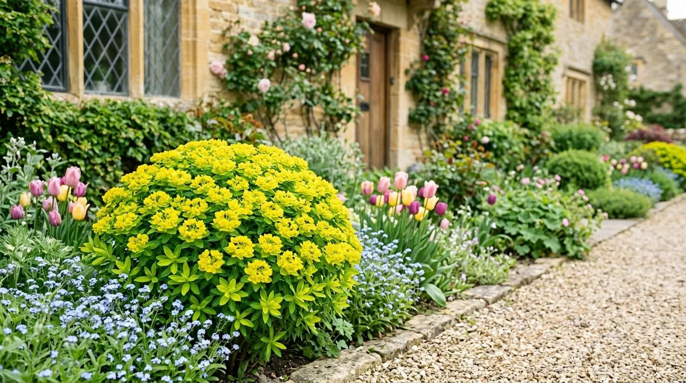 Euphorbia polychroma neat lime-green dome flowering at the front of a Cotswold cottage border in spring